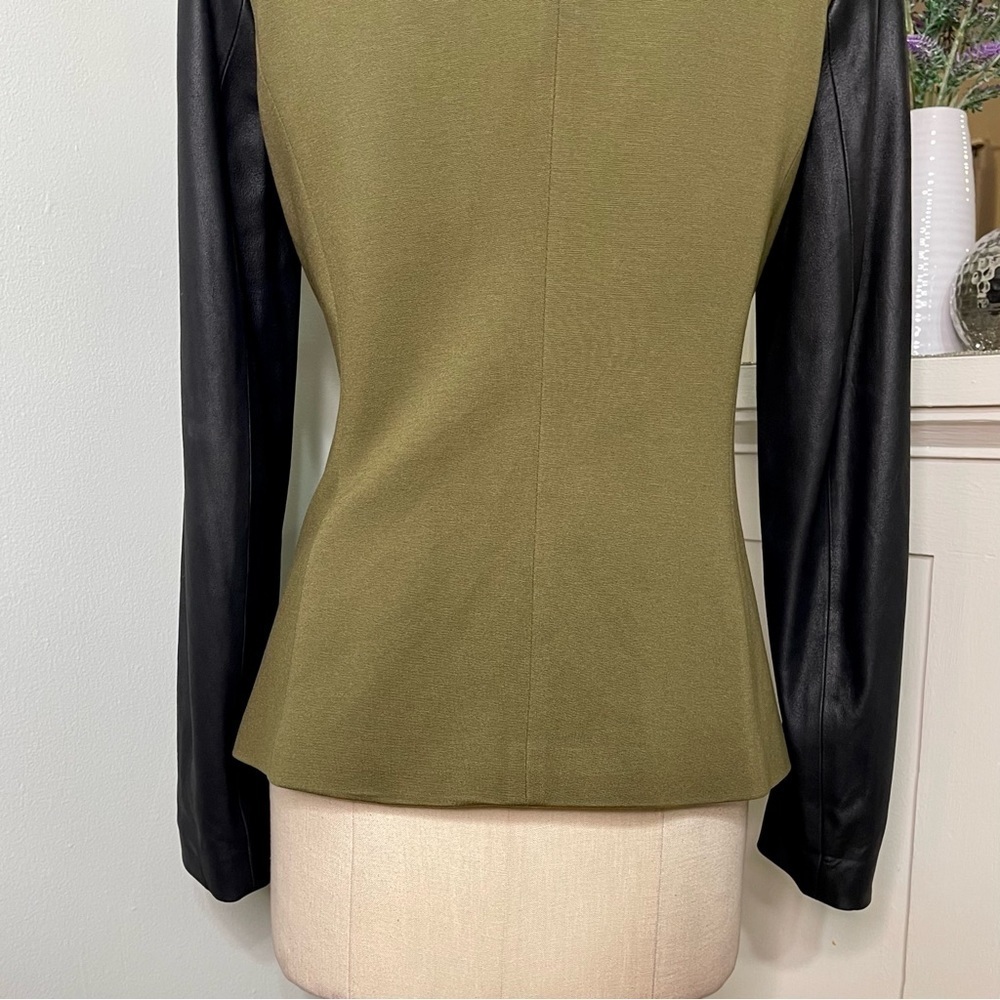 Theory Yaisa Pryor Leather Sleeve Blazer Jacket Olive Green & Black Large - Picture 9 of 16
